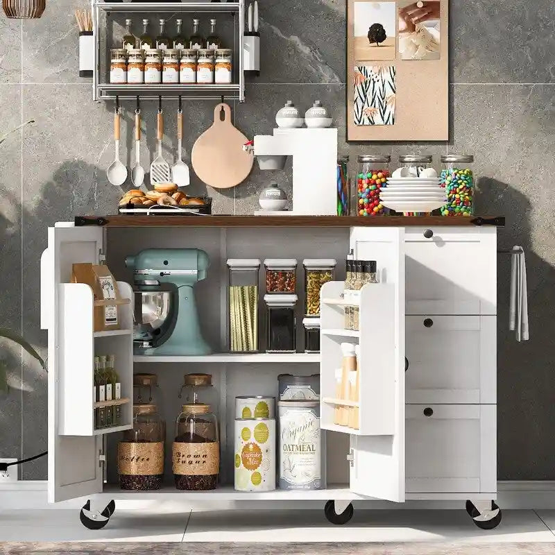 Kitchen Island with Power Outlet, Drop Leaf & Rolling Wheels