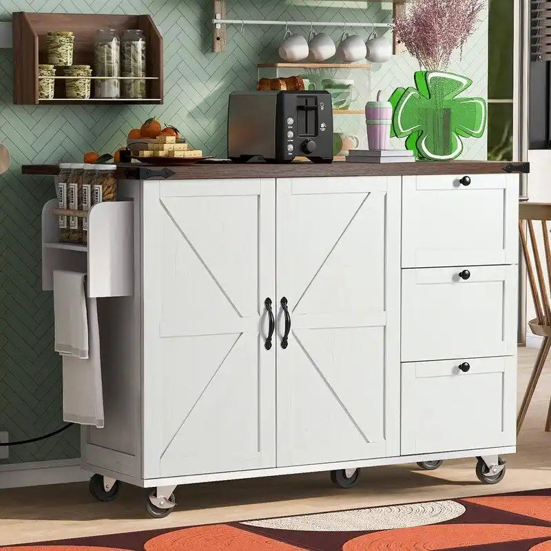 Kitchen Island with Power Outlet, Drop Leaf & Rolling Wheels