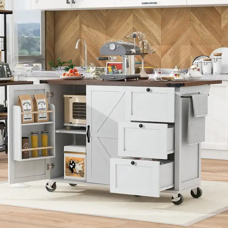Kitchen Island with Power Outlet, Drop Leaf & Rolling Wheels