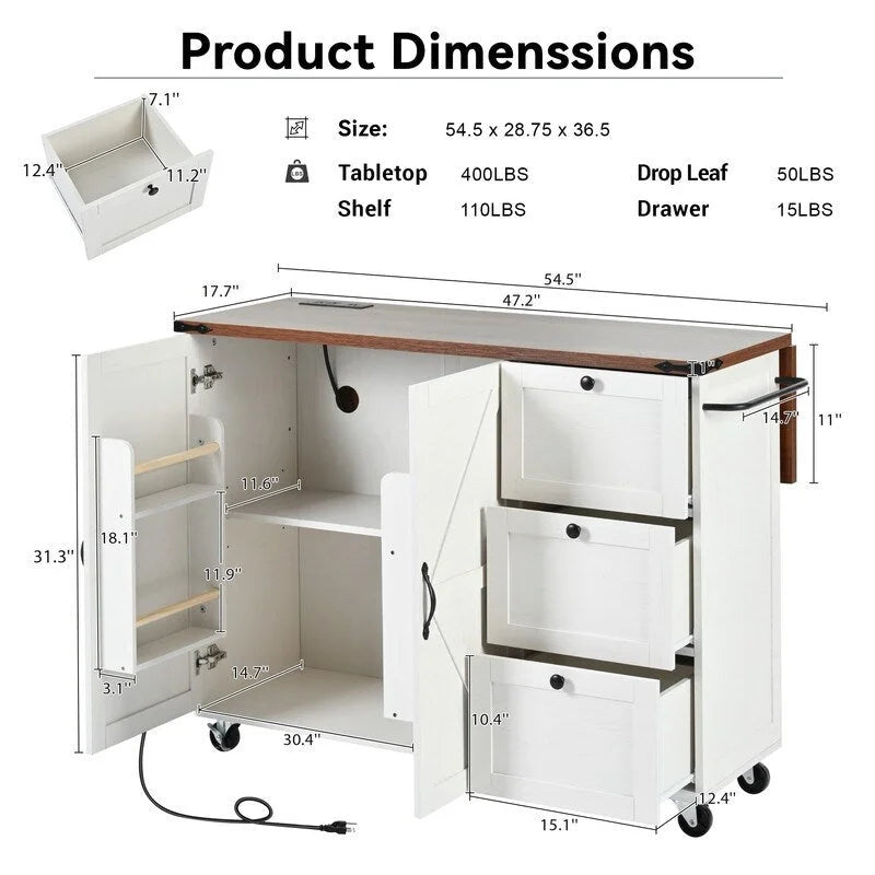 Kitchen Island with Power Outlet, Drop Leaf & Rolling Wheels