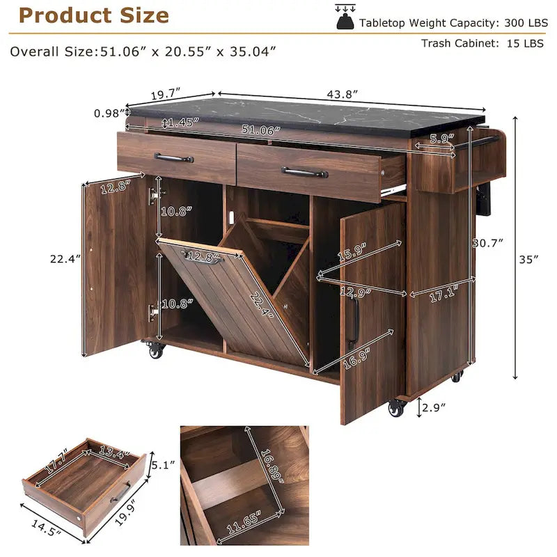 43.8W Kitchen Island with Trash Can Storage Cabinet