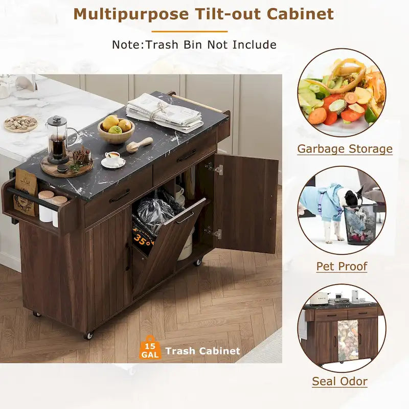 43.8W Kitchen Island with Trash Can Storage Cabinet