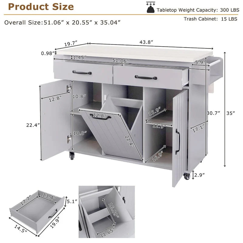 43.8W Kitchen Island with Trash Can Storage Cabinet