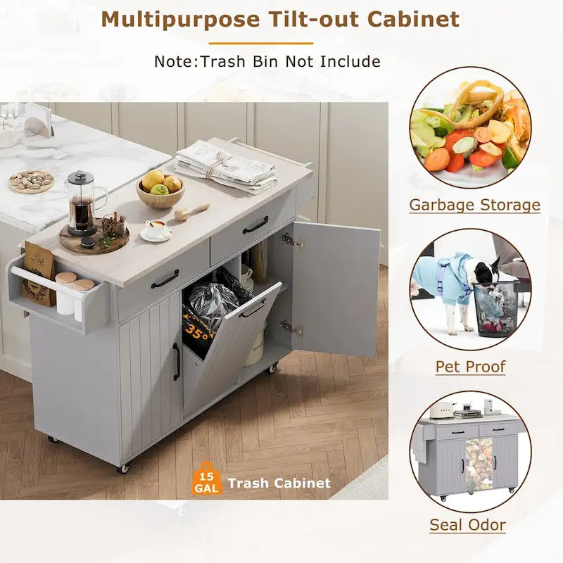 43.8W Kitchen Island with Trash Can Storage Cabinet