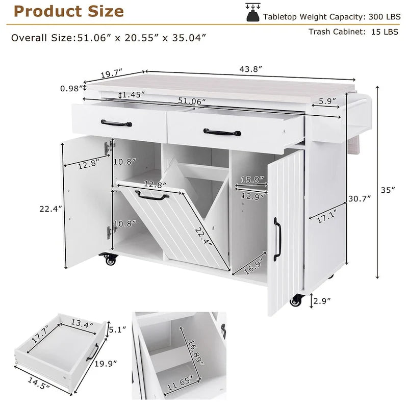 43.8W Kitchen Island with Trash Can Storage Cabinet