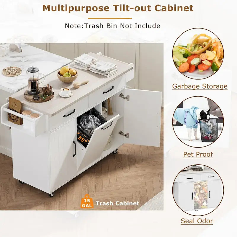 43.8W Kitchen Island with Trash Can Storage Cabinet